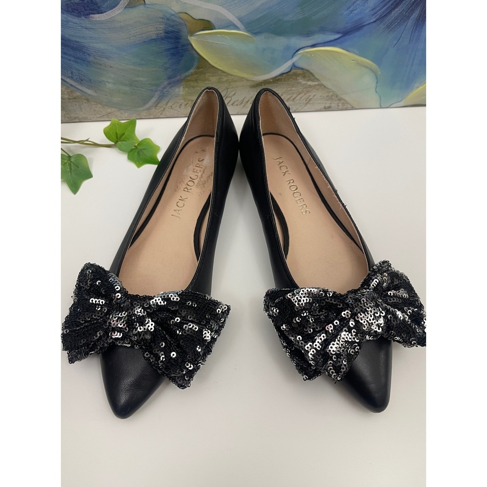 Jack Rogers Debra Black Leather Point Toe Sequin Bow Ballet Flats in Black 6.5 - Picture 8 of 13